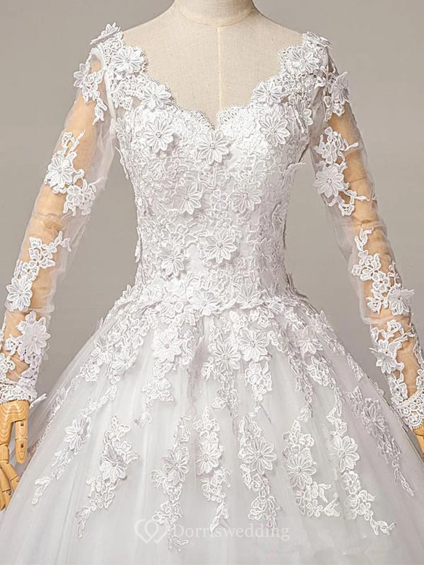 Gorgeous Long Sleeve Appliques Tulle Wedding Dresses Ball Gown Lace-up view 3