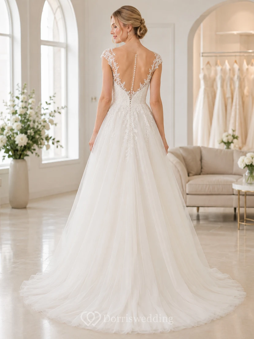 Preisgünstiges Brautkleid mit kurzen Ärmeln, Spitzenoberteil und Tüll in A-Linie view 2