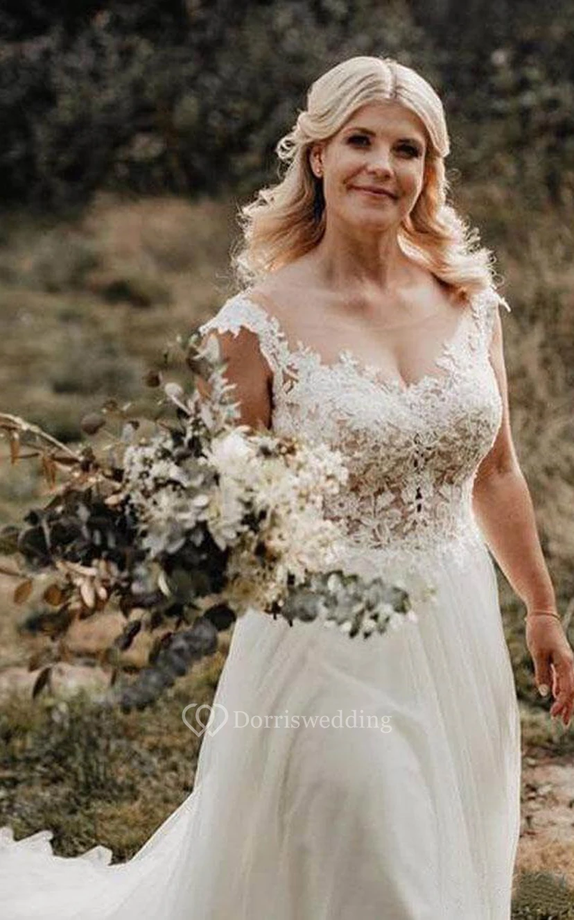 Cap V-neck Lace Top A-line Plus Size Beach Wedding Dress view 3
