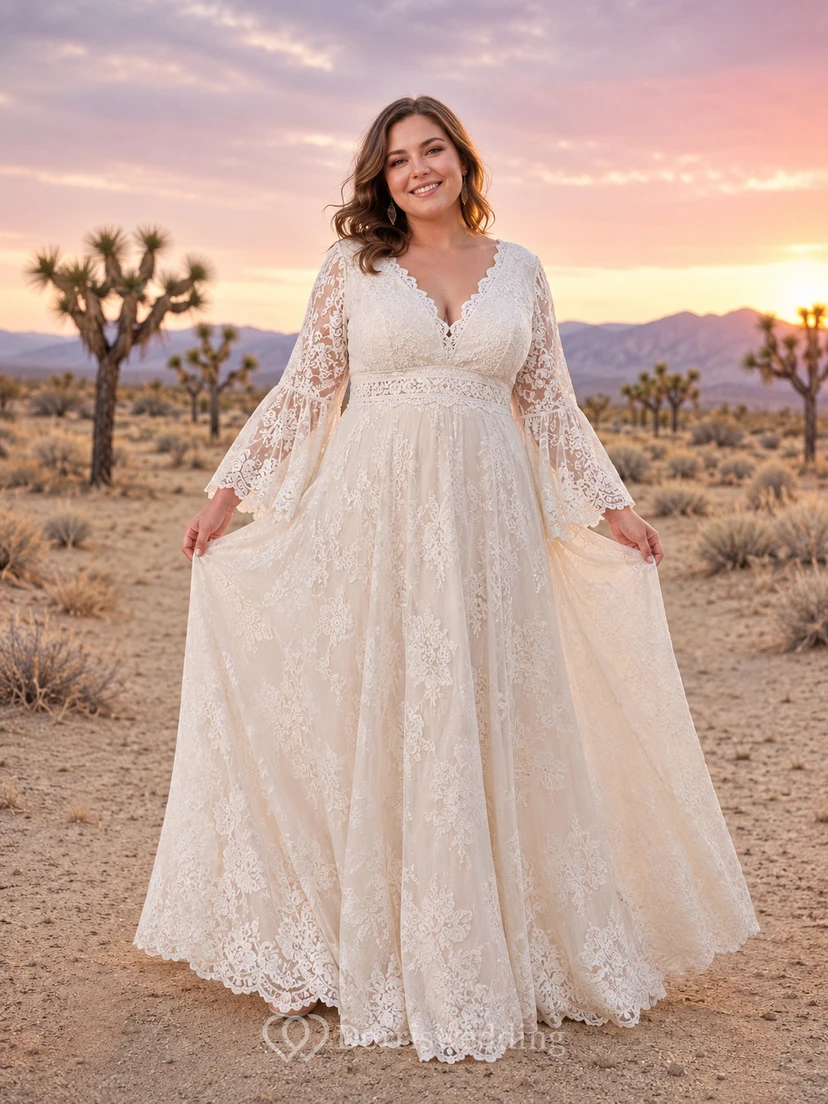 Plus Size Bell Sleeve Lace Desert Wedding Dress