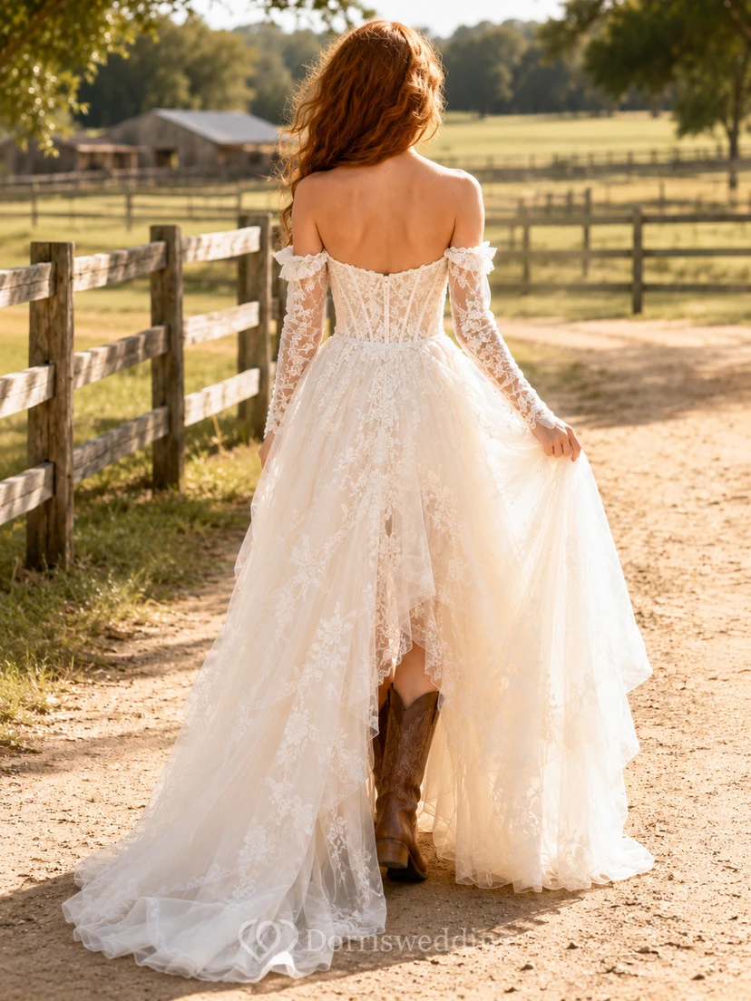 Country Boho Romantic Luxury A-Line Lace Tulle Wedding Dress with Off Shoulder Sweetheart Long Sleeve High-Low Train Split Skirt Appliques Lace-Up Corset Back Open Back view 2