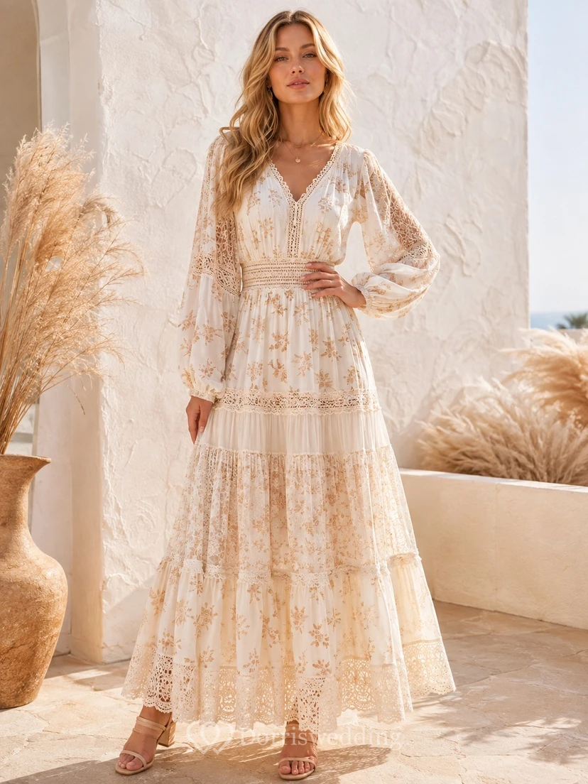 Cremefarbenes, geblümtes Chiffon-Maxikleid im Boho-Stil mit V-Ausschnitt, langen Ärmeln, Stufenrock und bodenlang