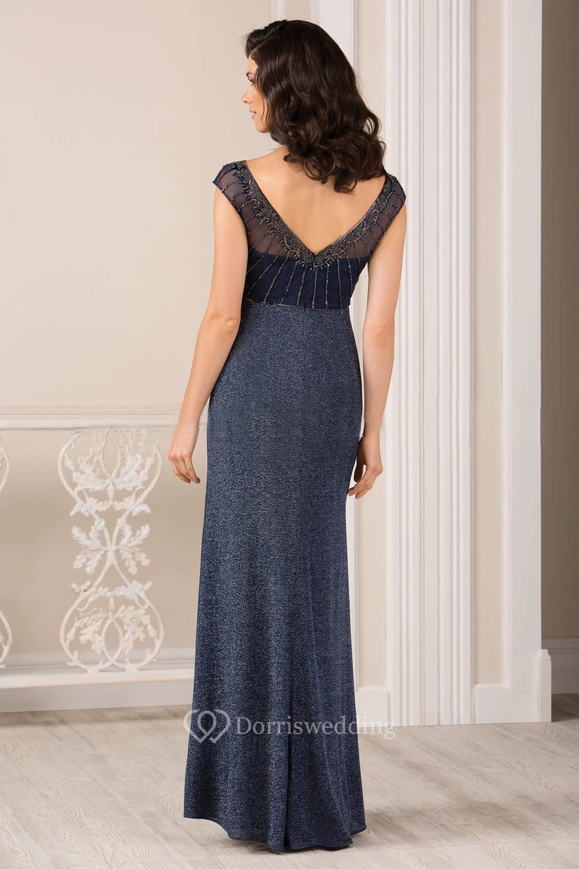 Cap-Sleeved Long Gown With Beadings And V-Back view 2