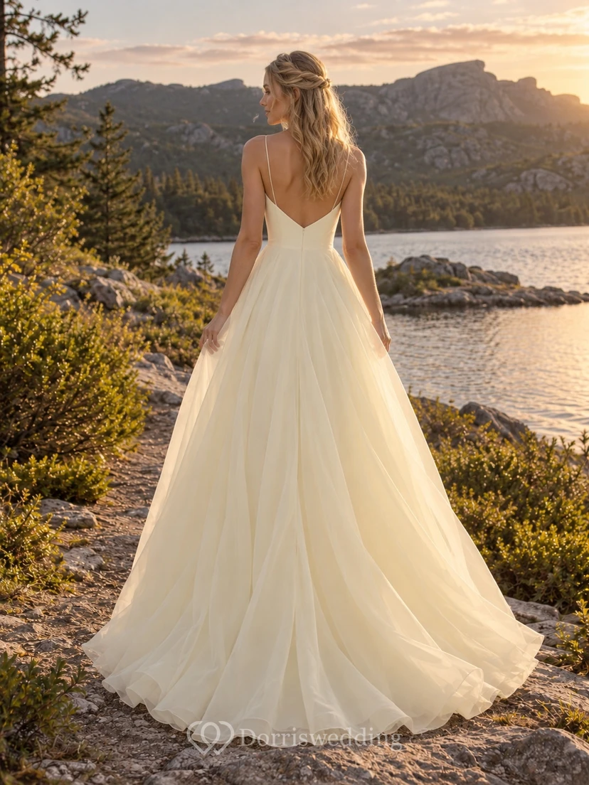 Brautkleid aus buttergelbem Organza mit V-Ausschnitt, Spaghettiträgern und Schleppe view 2