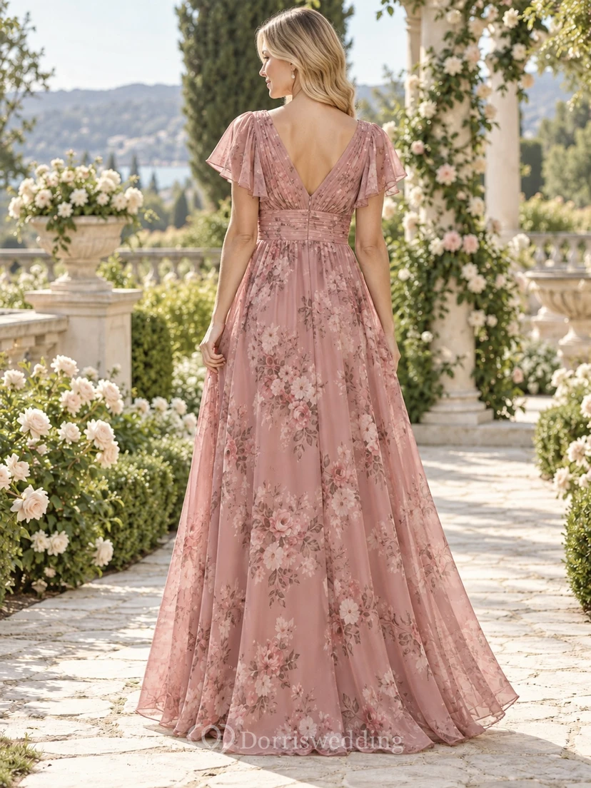Vestido de dama de honor de gasa color rosa empolvado con escote en V, mangas con volantes y corte en A, largo hasta el suelo. view 2