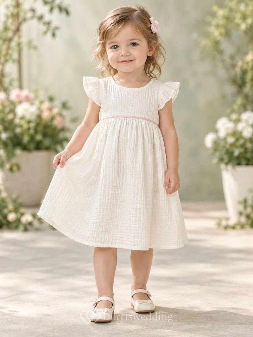 Simple Modest Ivory Knee Length Empire Pink Piped Compact Flutter Sleeve Flower Girl Dress