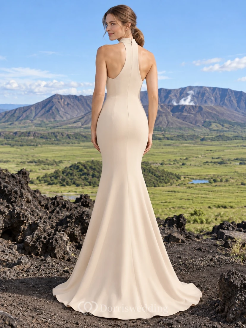 Schlichtes champagnerfarbenes Meerjungfrauen-Brautkleid mit Neckholder, hohem Kragen und Schleppe view 2