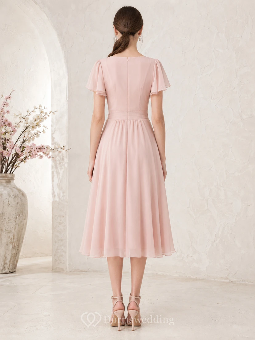 Blush V Neck Flutter Sleeve Chiffon Tea Length Party Dress view 2