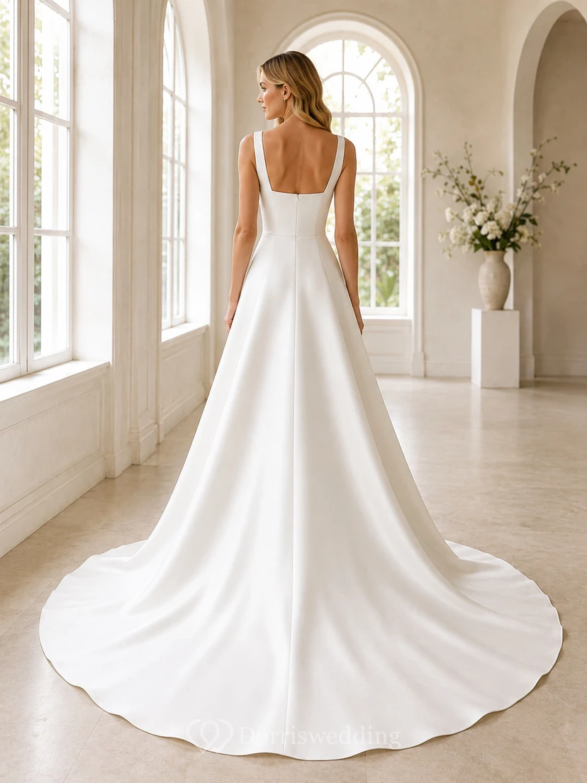 Brautkleid aus Satin, A-Linie, eckiger Ausschnitt, ärmellos, bodenlang, tiefer V-Ausschnitt am Rücken view 2