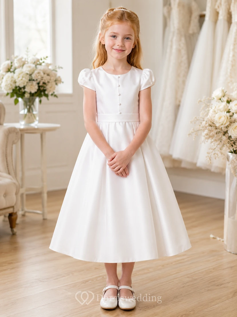 Flower Girl Dress Ivory Satin A-Line Jewel Neck Tea Length Bow Detail