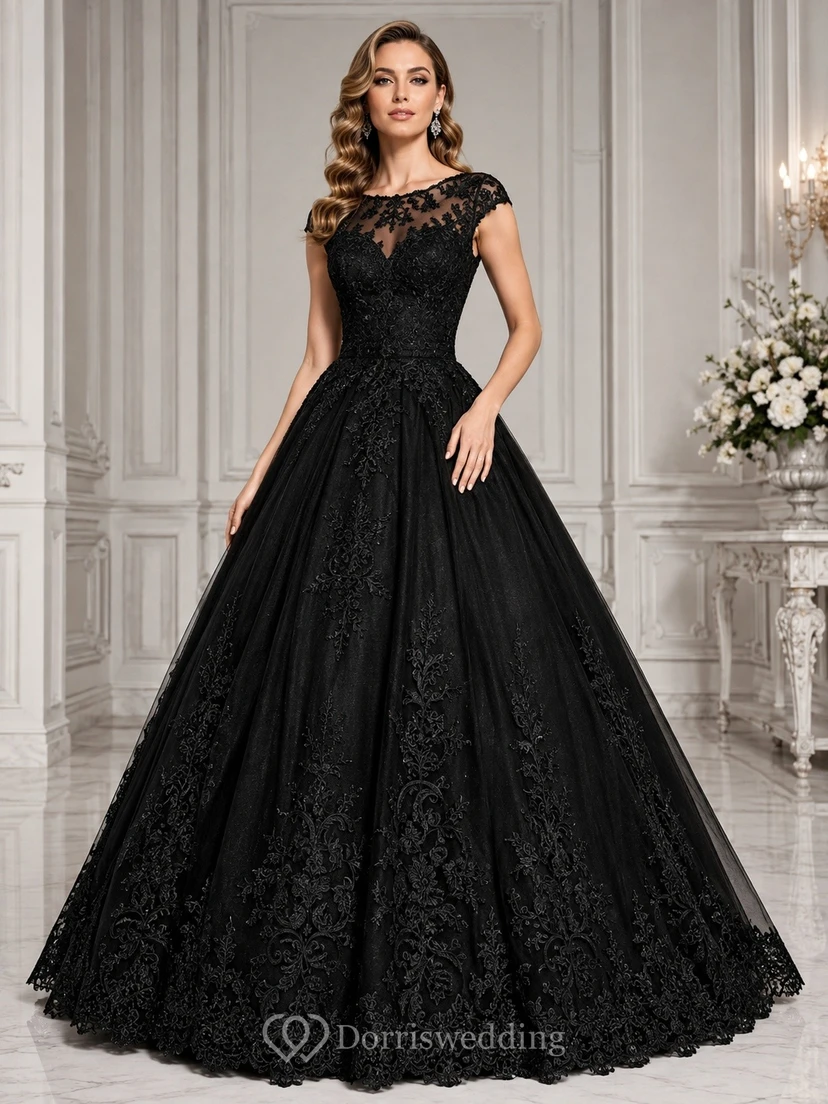 Black Elegant Luxury Jewel Short-Sleeve Lace Ball-Gown Floor-Length Evening Dress