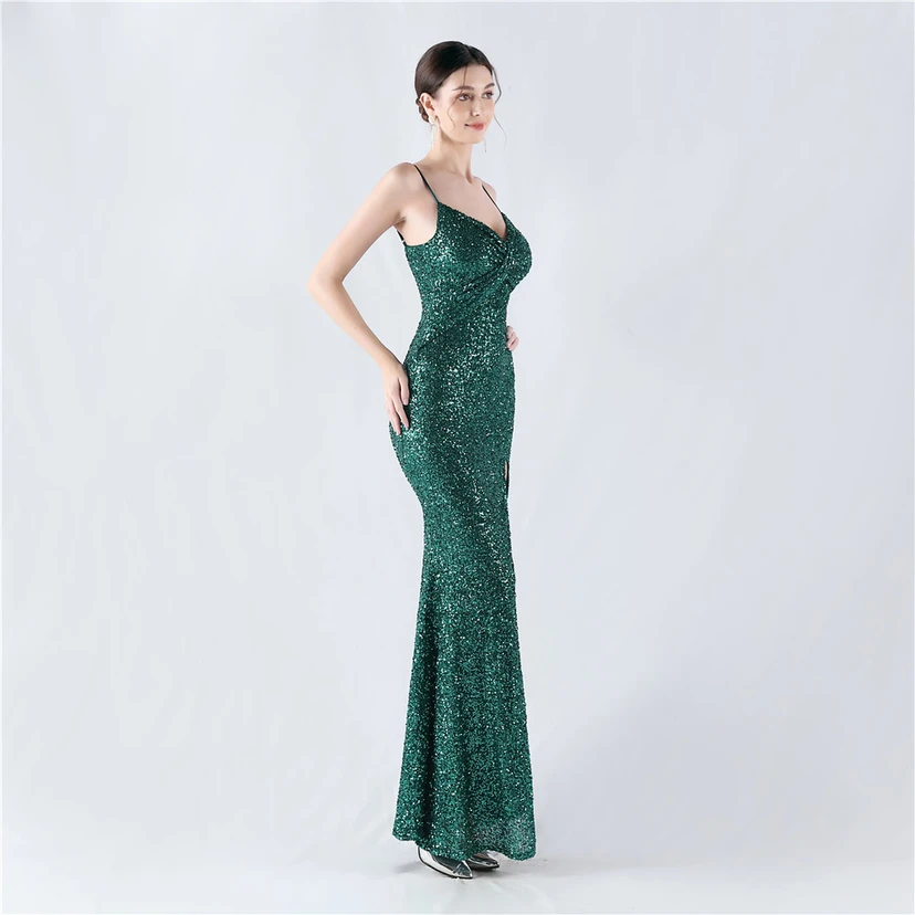 Robe de soirée sexy à sequins et fente haute, avec bretelles et encoche cryptée view 31