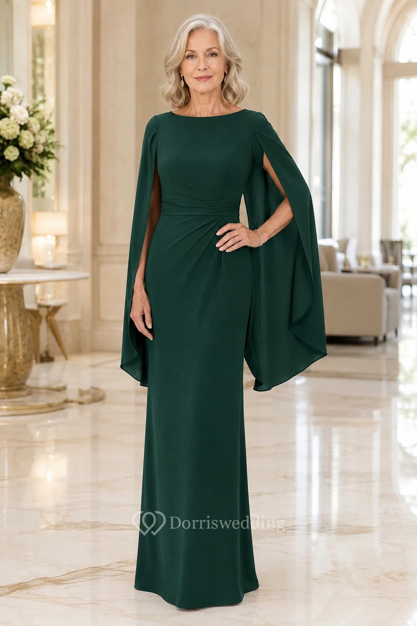 MOB-Kleid, dunkelgrünes Chiffon-Etui-Kleid, lange Ärmel, U-Boot-Ausschnitt, bodenlang, Cape-Ärmel-Detail