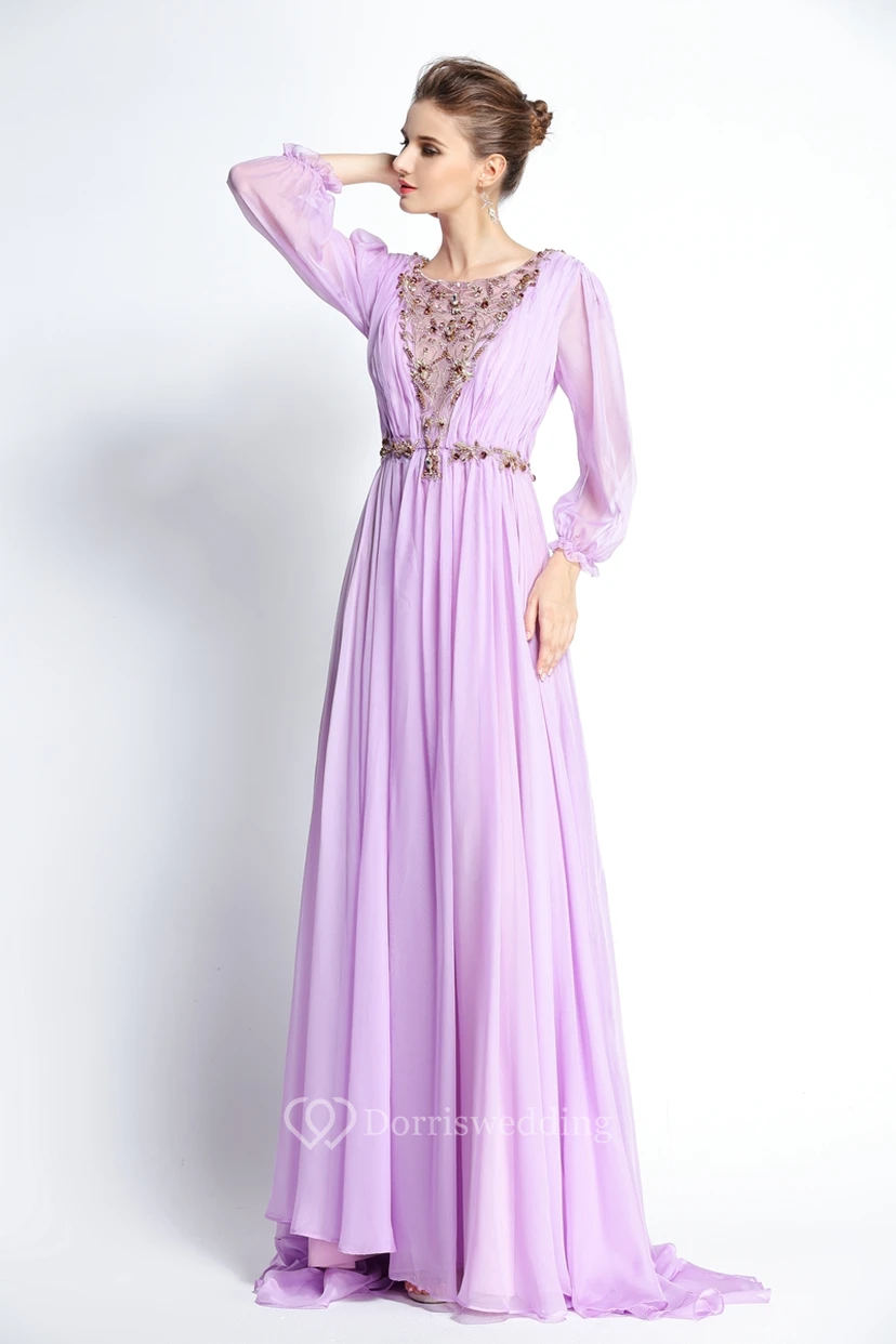 A-Line Floor-length Sweep Brush Train Bateau Chiffon Long Sleeve Prom Dress with Beading and Pleats