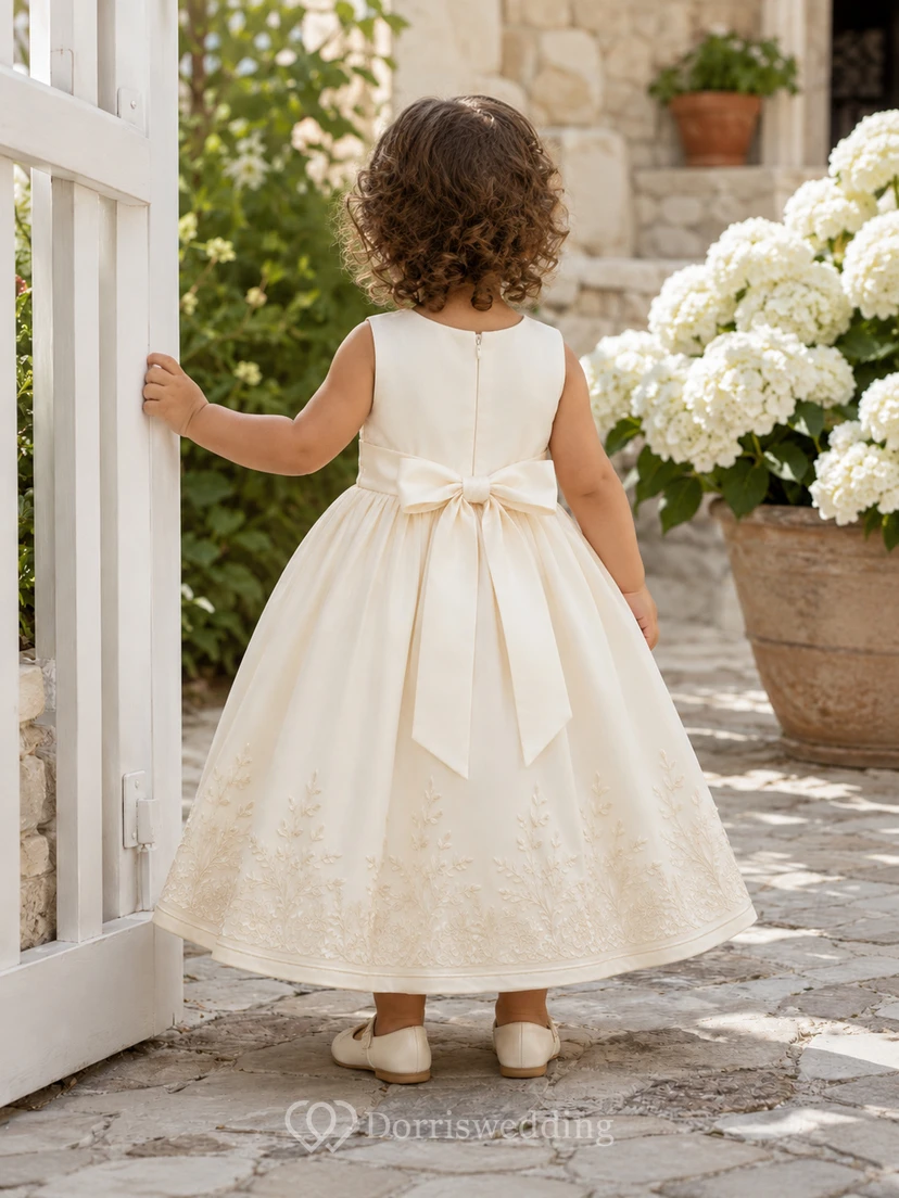 Robe de baptême pour bébé brodée à la main, coupe trapèze, sans manches, avec nœud dans le dos, élégante, romantique et adorable en dentelle de coton. view 2