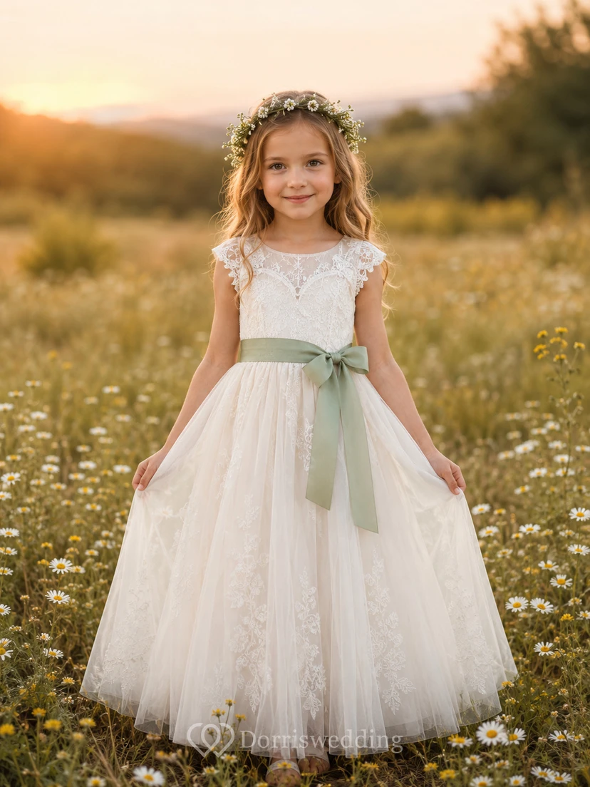 Blumenmädchenkleid mit Spitzenmieder, Tüll und salbeigrüner Schärpe