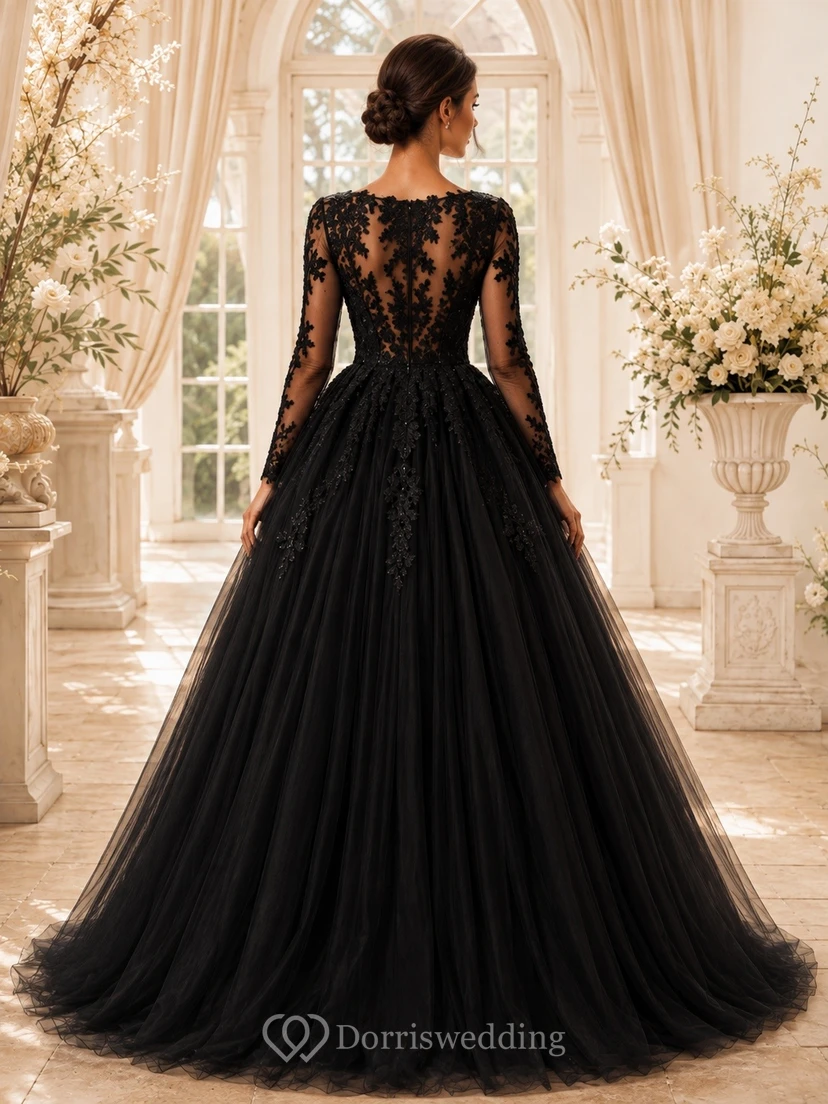 Black Romantic Luxury V-Neck Long-Sleeve Lace-Tulle Tiered Ball-Gown Floor-Length Prom Dress view 2