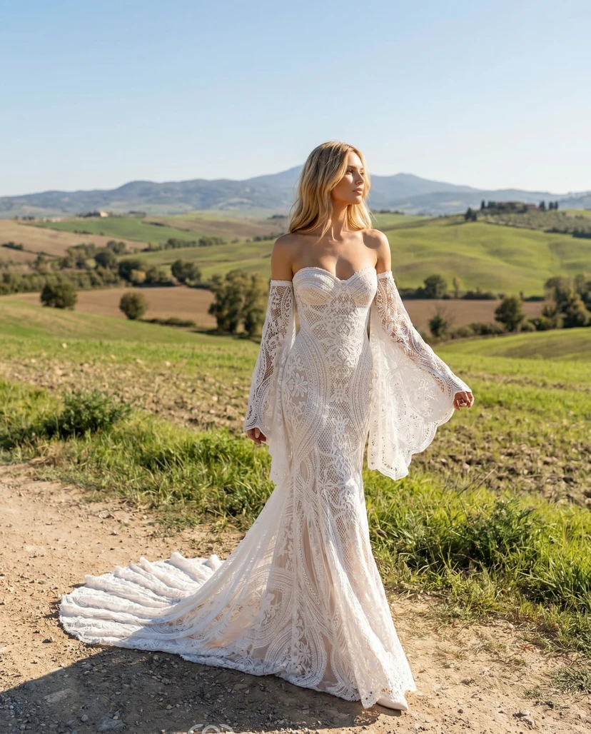 Robe de mariée sirène en dentelle à manches cloche amovibles, épaules dénudées, style bohème view 7