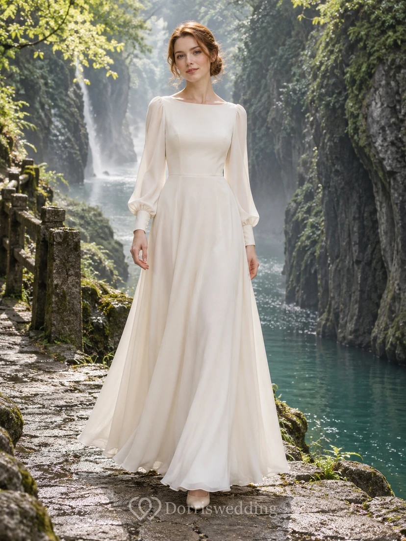 Schlichtes, elegantes Brautkleid in A-Linie mit langen Ärmeln und U-Boot-Ausschnitt, gerafft