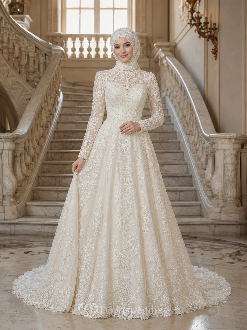 Vintage muslimisches Brautkleid mit langen Ärmeln, Spitze, hohem Kragen und A-Linie