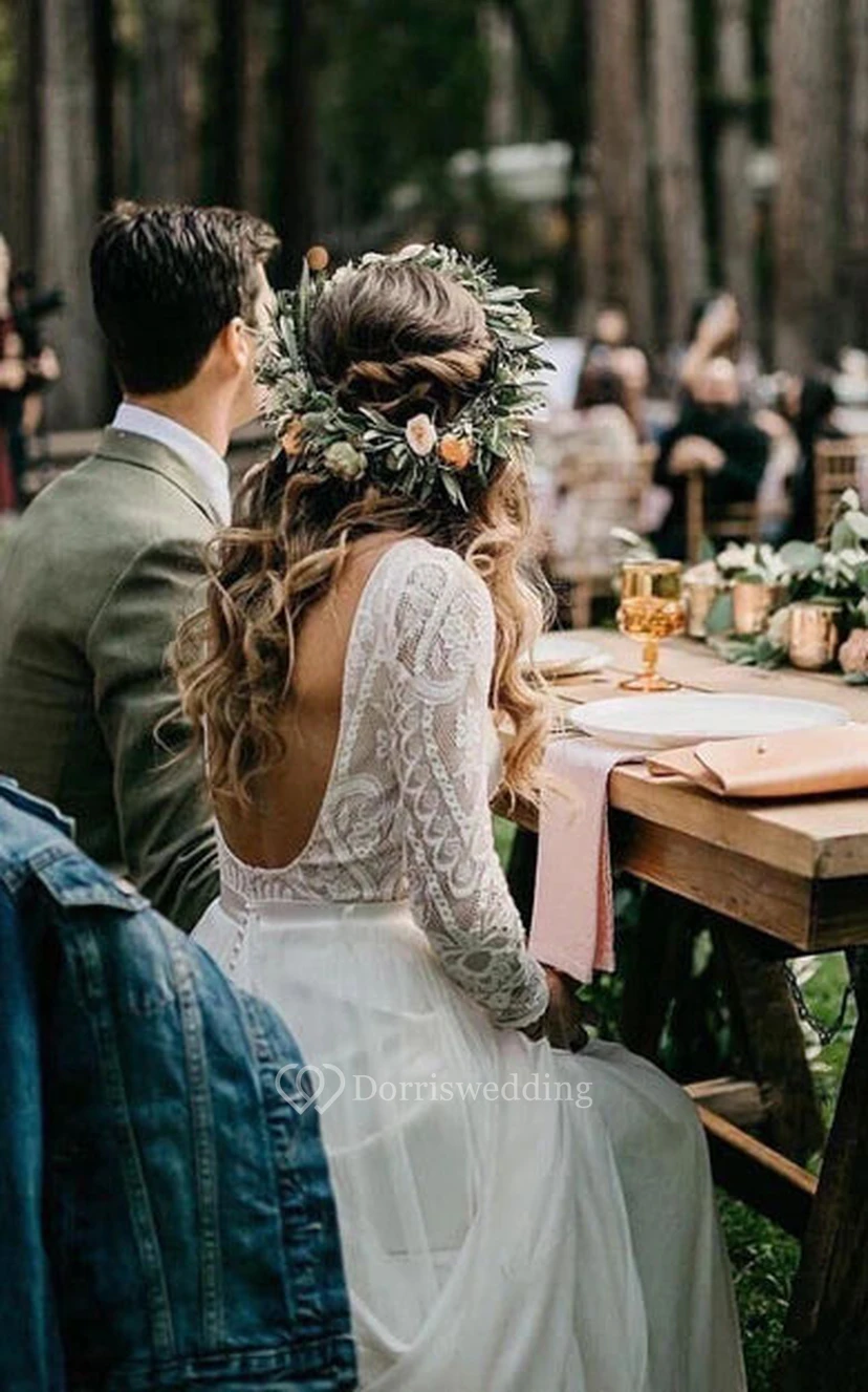 Vestido de novia bohemio de encaje con mangas largas | Vestido de novia blanco vaporoso con mangas view 5