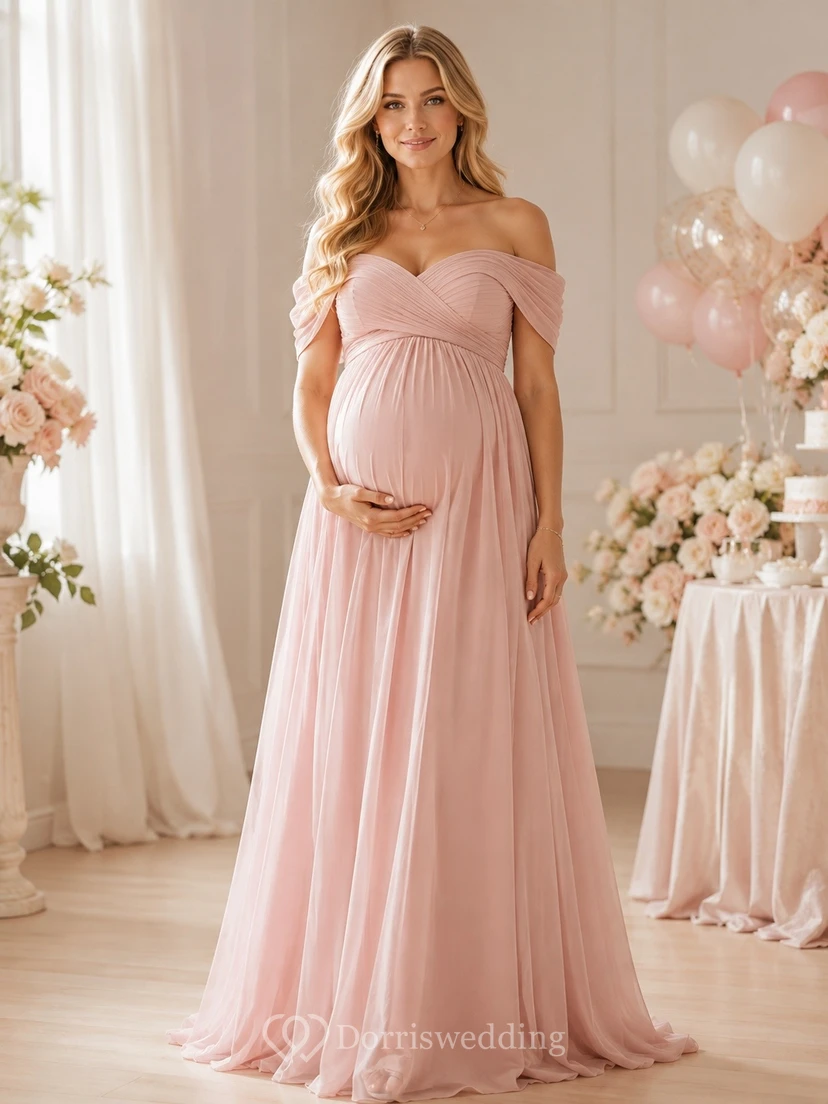 Maternity Off Shoulder Romantic Chiffon Empire Floor Length Baby Shower Dress