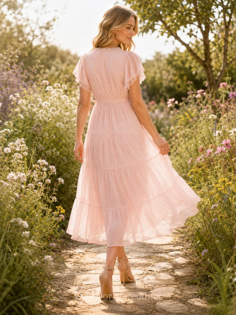Vestido de invitada de gasa color rosa empolvado con escote en V, mangas con pétalos, volantes, cintura natural, corte en A y largo hasta la rodilla. view 2
