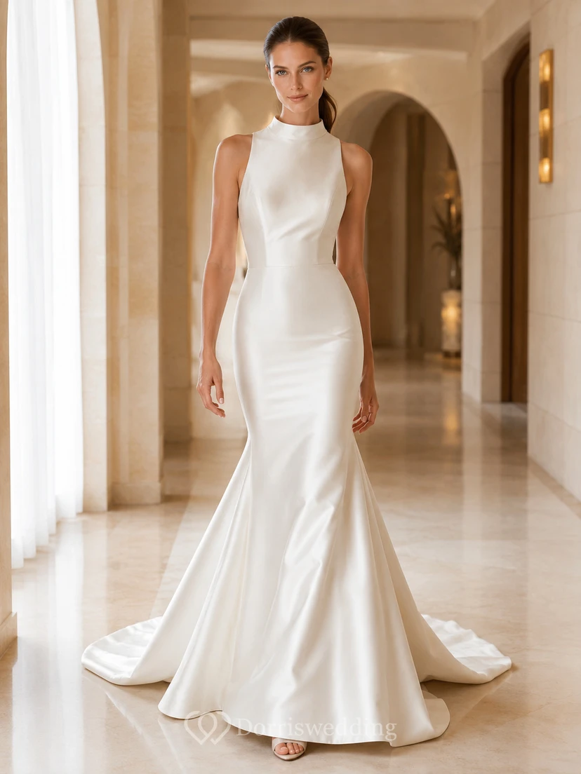 Modern High Neck Sleeveless Satin Mermaid Button Back Chapel Train Wedding Gown