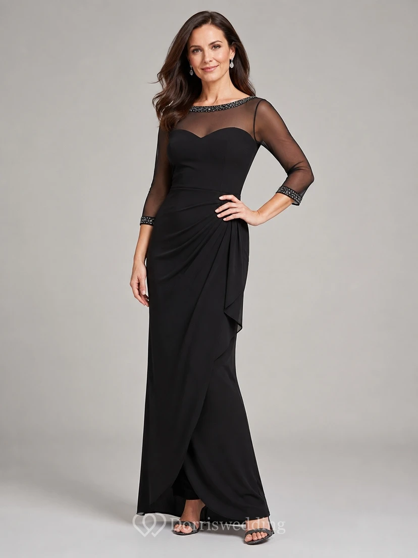 Modest Black Bateau Illusion Sleeve Sheath Floor-Length Evening Dress