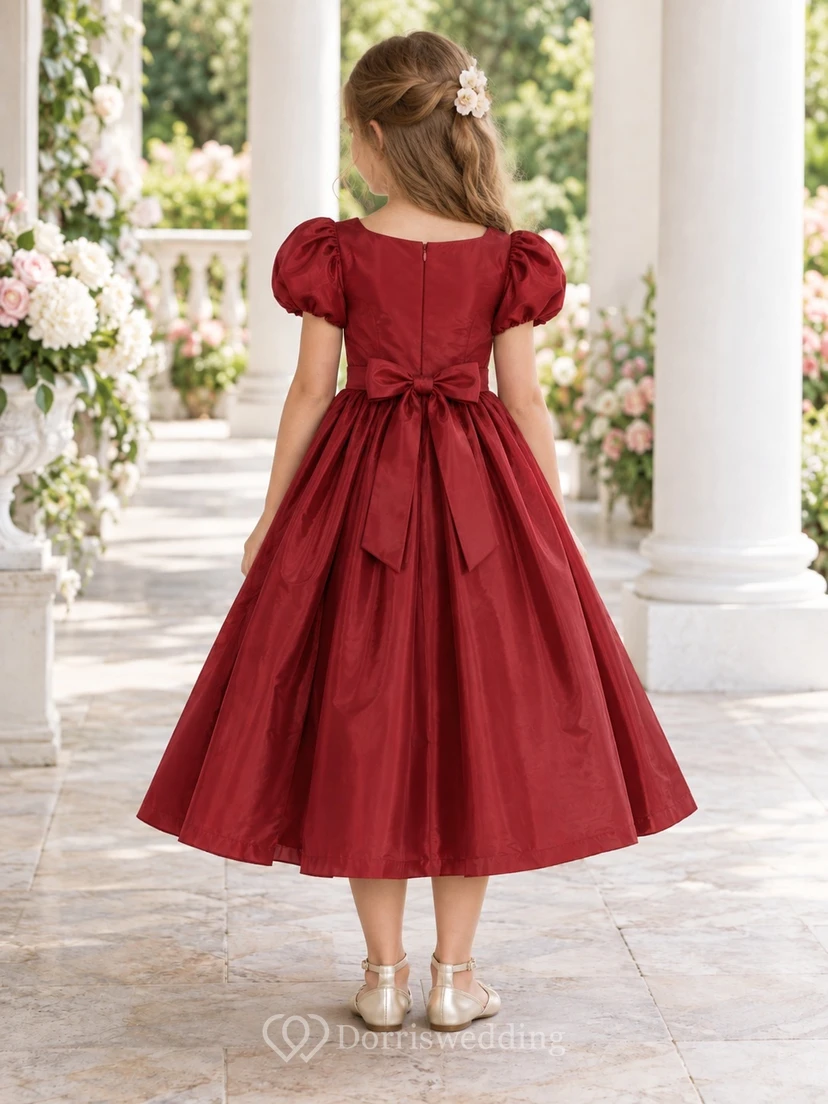 Tea-length Cranberry Notched Neck Puff Sleeve Taffeta Flower Girl Dress view 2