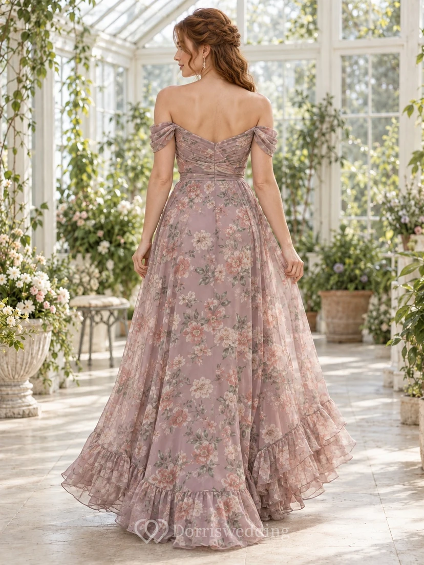 Vintage Mauve Floral Print Off-Shoulder Ruffled Floor-Length Chiffon Bridesmaid Dress view 2