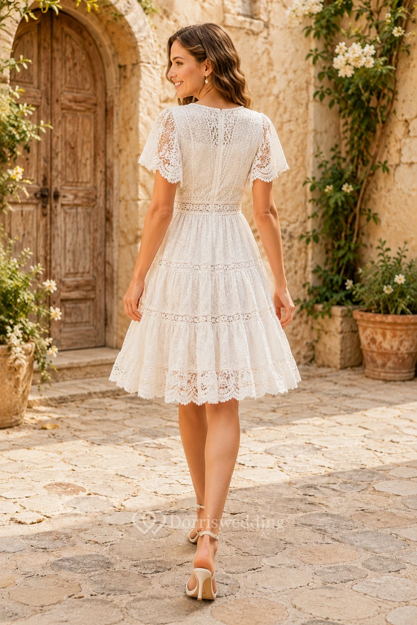 V-Neck Short Sleeve Lace Tea-Length Wedding Dress with Pleated Skirt view 2