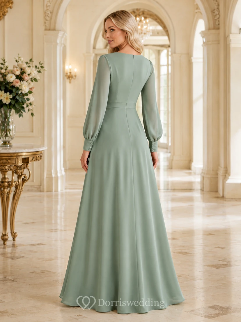 Sage High Neck Long Sleeve Chiffon Formal Dress view 2
