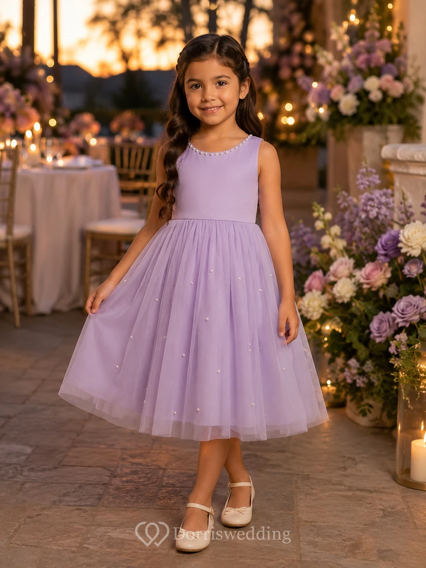 Scoop-neck Sleeveless Tulle Satin A-line Flowergirl Dress view 7