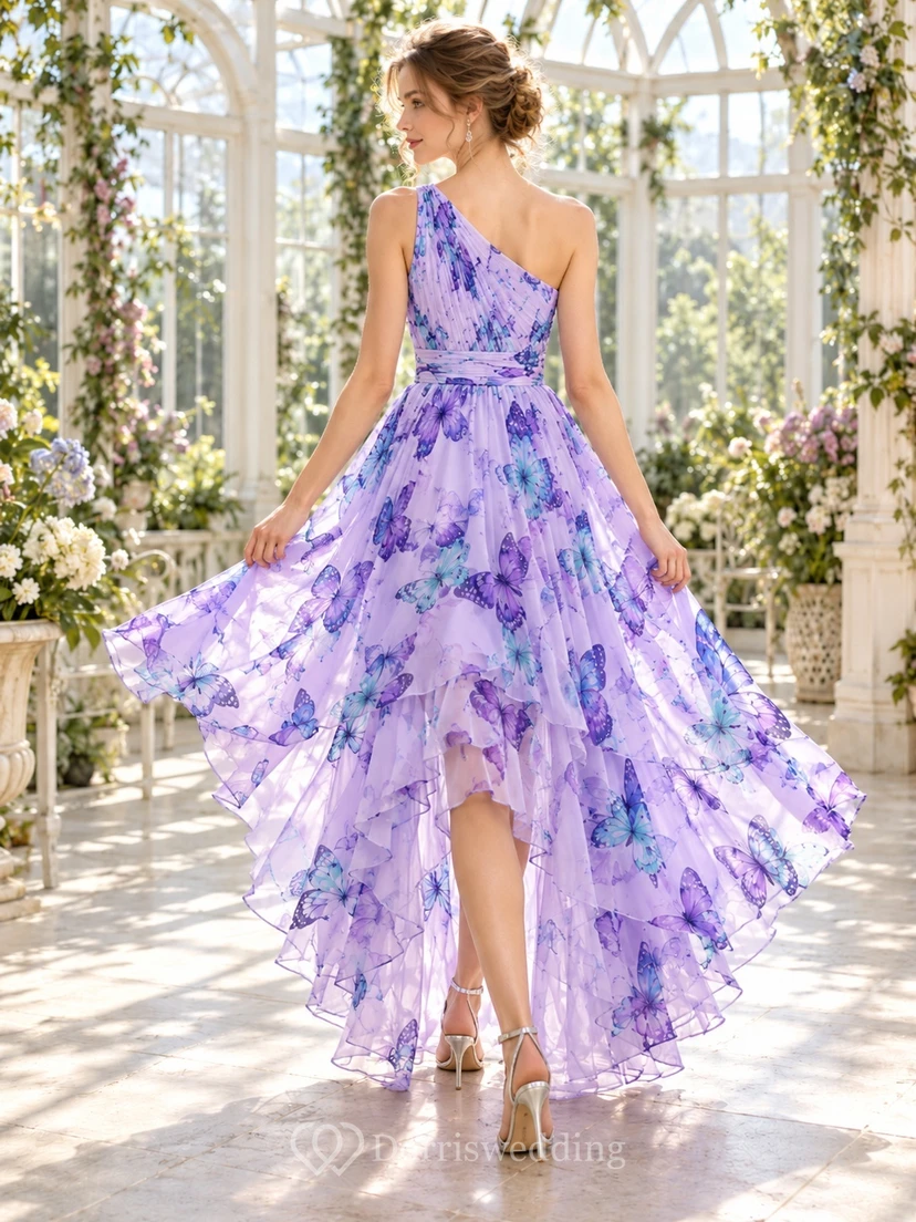 High-low Lavender Butterfly Print One Shoulder Layered Formal Evening Gown view 2