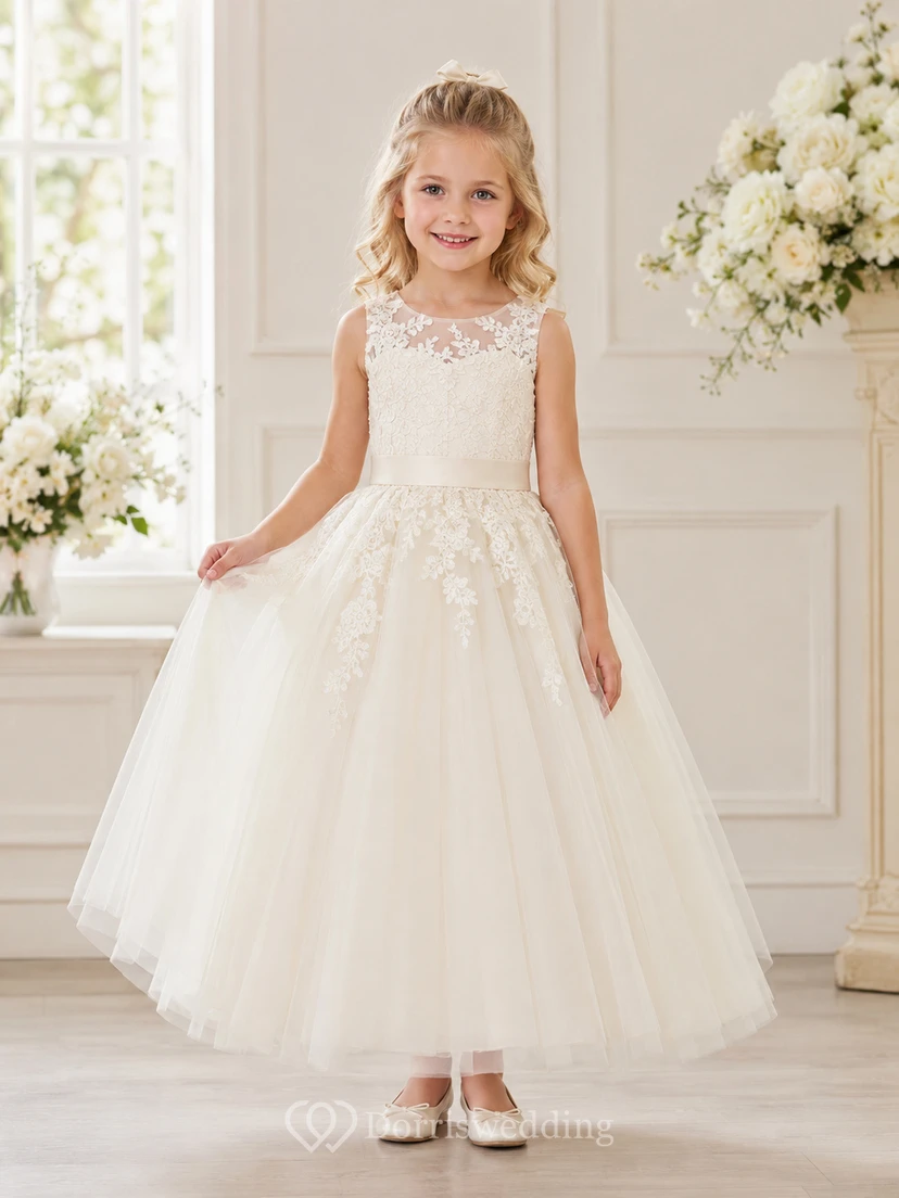 Flower Girl Dress A-Line Cream Custom Size Lace Tulle Bow Formal