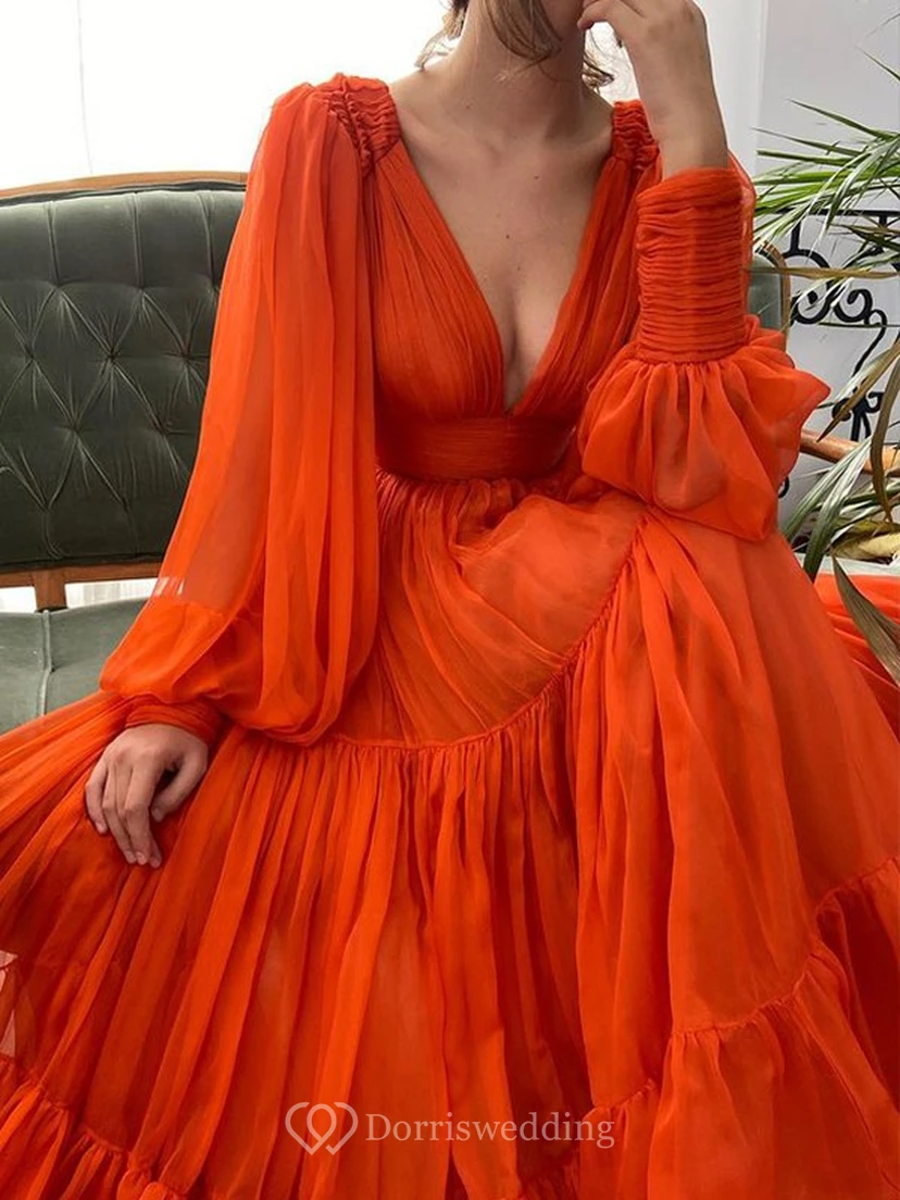 Sexy V-neck Puff Long Sleeve Chiffon Layered Empire Dress view 4