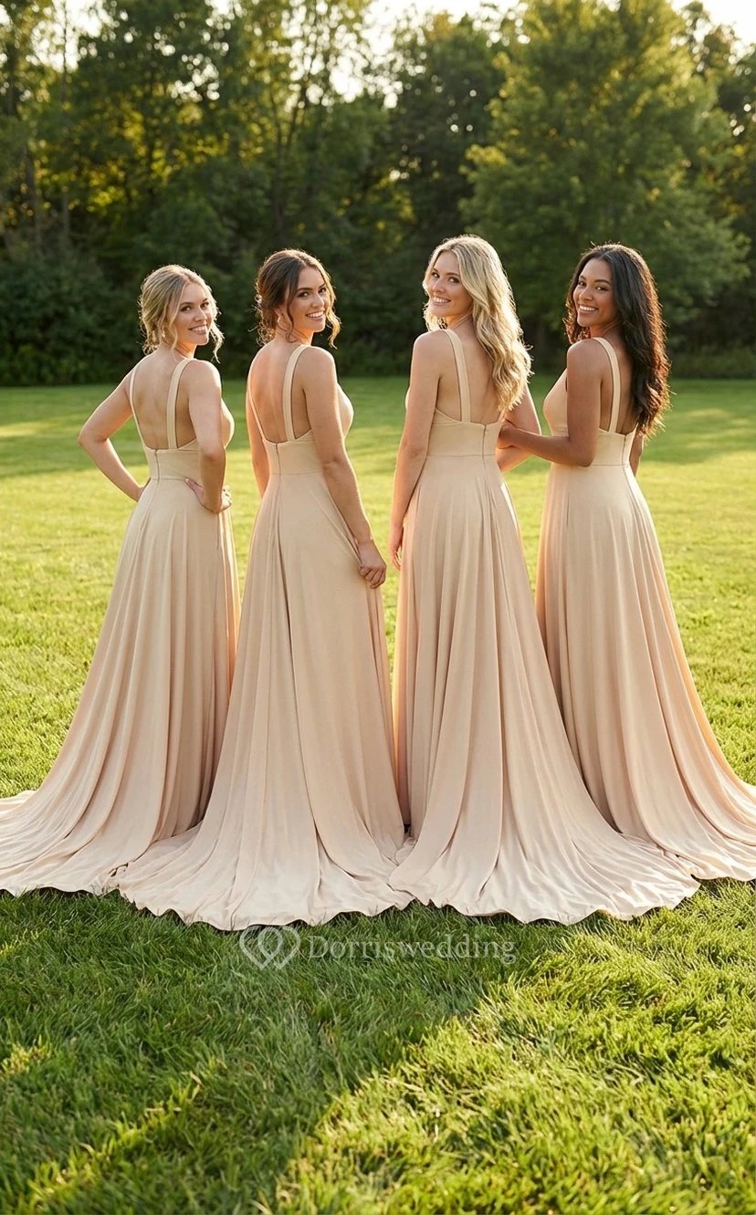 Champagne V-Neck Empire Bridesmaid Gown view 2