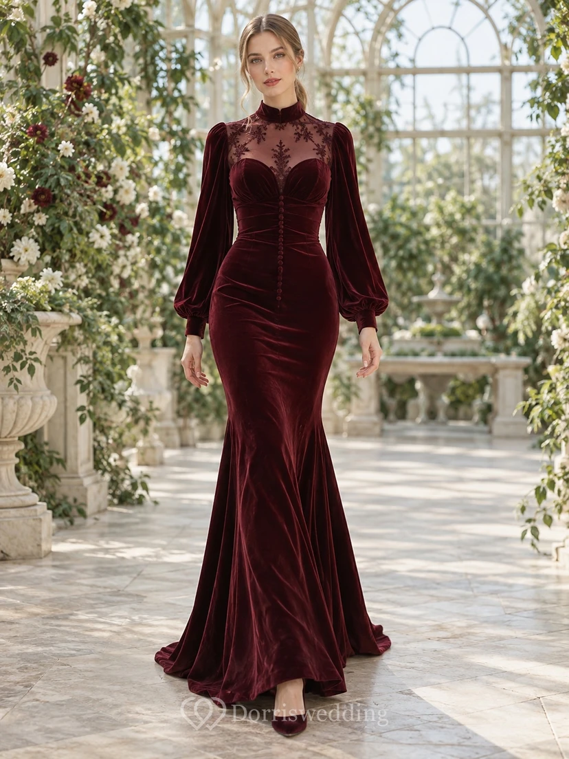 Vestido de dama de honor ajustado de terciopelo burdeos gótico con encaje y manga larga estilo sirena y cuello alto