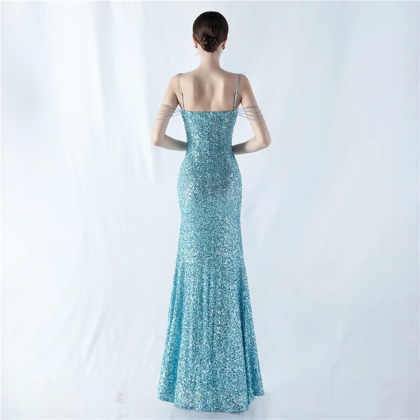 Robe de soirée sexy à bretelles et fente haute, ornée de perles et de perles artisanales. view 65