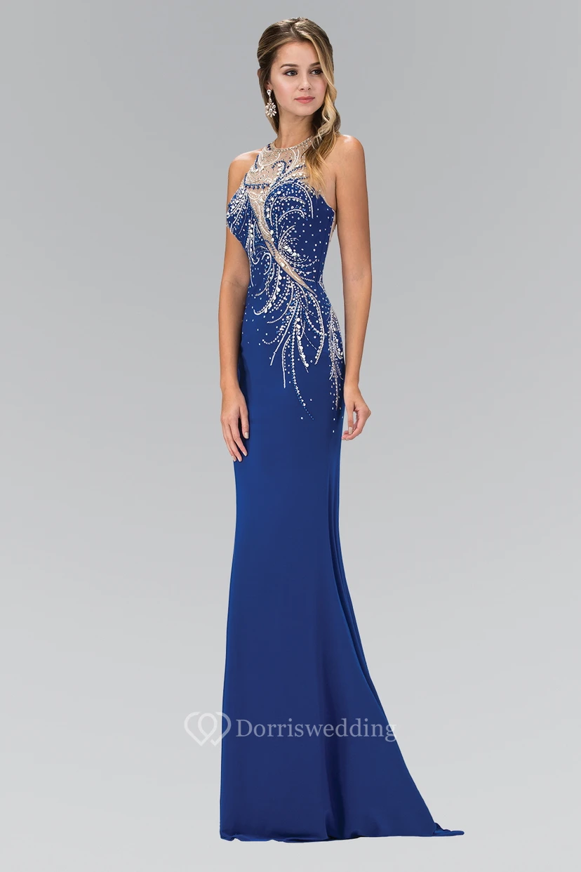 Ärmelloses, figurbetontes Jerseykleid mit Rundhalsausschnitt und Perlenstickerei