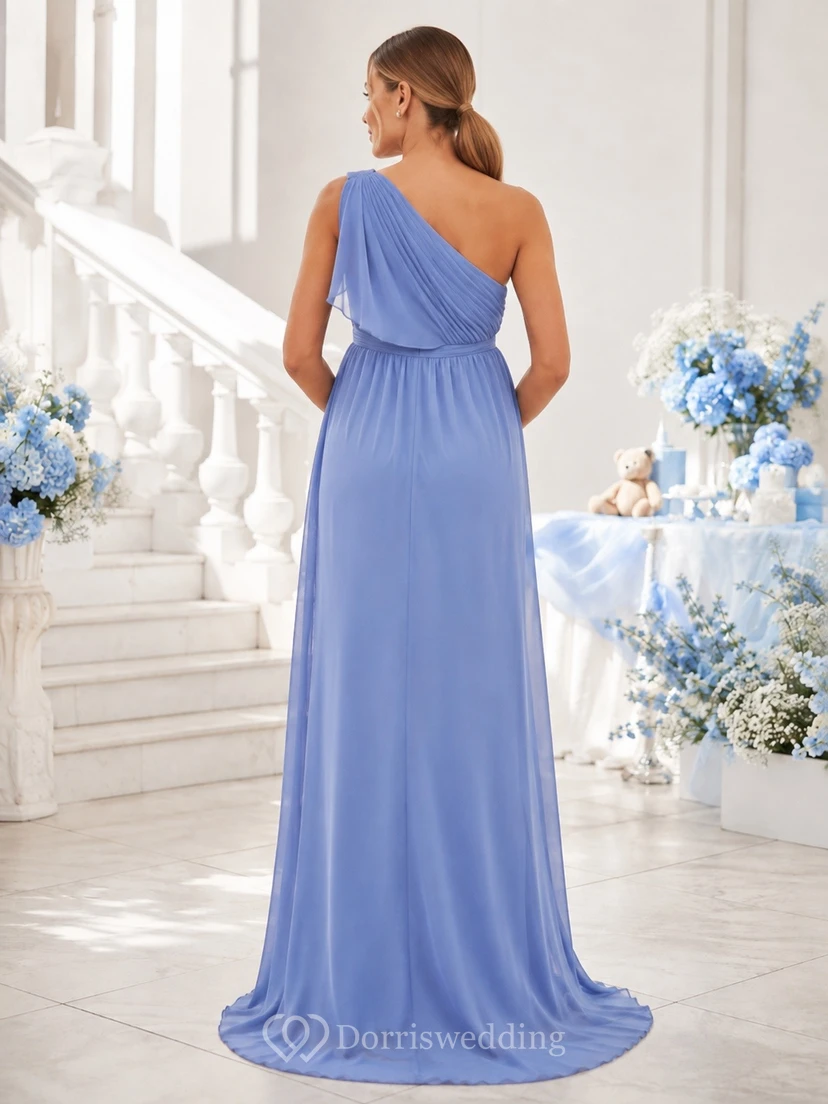 Maternity Elegant Steel Blue One Shoulder Sleeveless Empire Chiffon Dress view 2