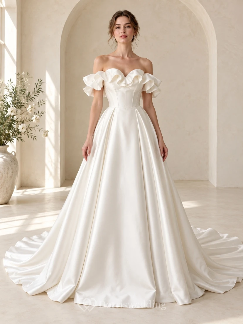 Schulterfreies Brautkleid aus Satin mit Rüschen, A-Linie und Kapellenschleppe