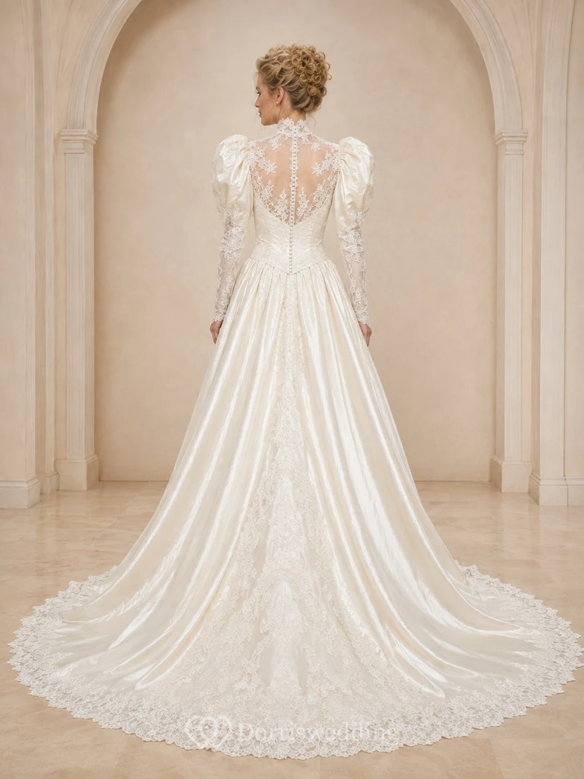 Vestido de novia vintage elegante y modesto de manga larga con corte en A y encaje. view 2