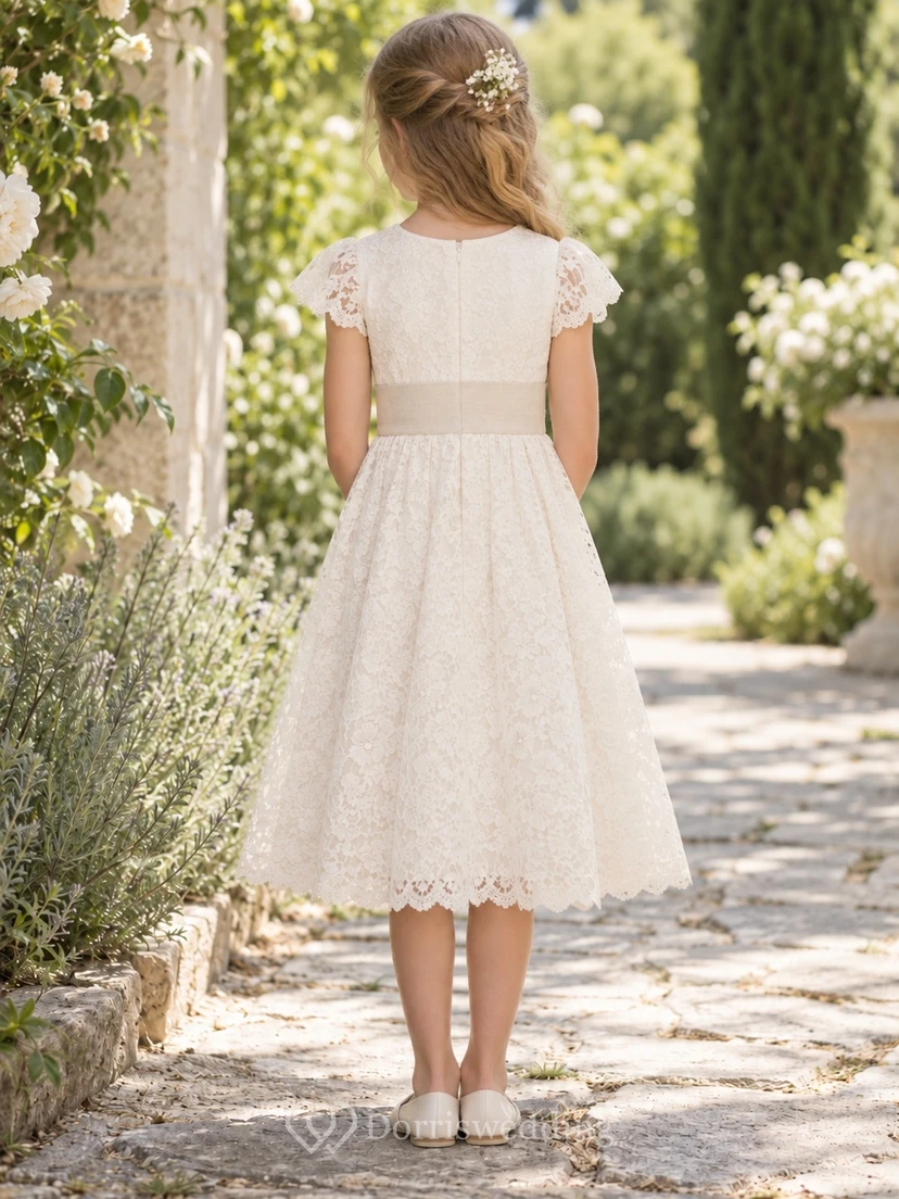 Modest Ivory Tea-length Soft Flutter Sleeve Broad Sash Fine Lace Flower Girl Dress