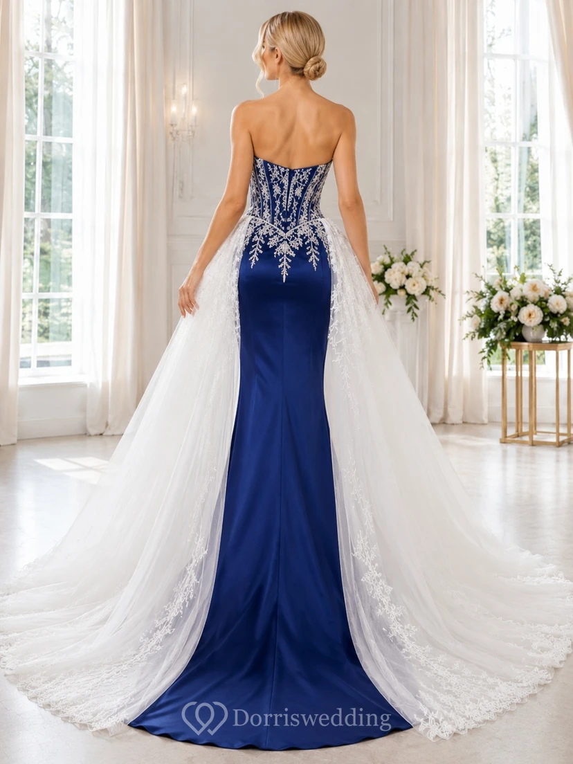 Königsblaues, drapiertes Cape, Meerjungfrauen-Stil, ärmelloses, modernes Brautkleid aus Stretch-Satin mit Herzausschnitt view 2