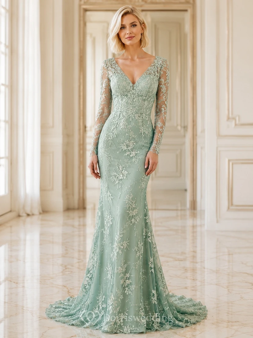 Vestido de novia elegante y romántico de manga larga estilo sirena boho, edición B, encaje.