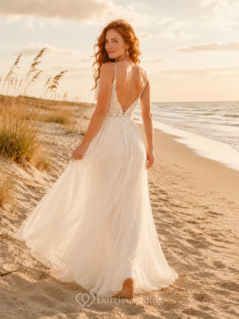 Spaghetti Strap Lace Bodice Beach Bridal A Line Gown view 2
