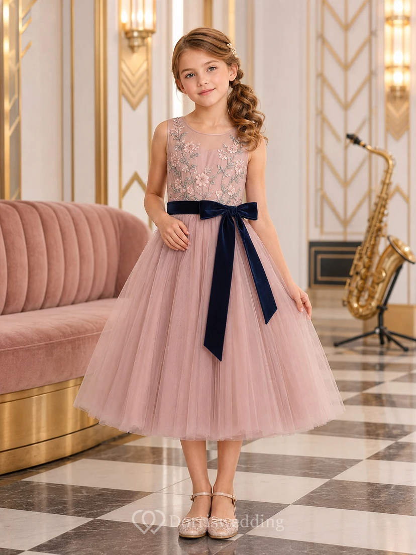 Dusty Rose Flower Girl Dress Tea-Length Embroidered Tulle A-Line Sleeveless Illusion Scoop Navy Velvet Bow