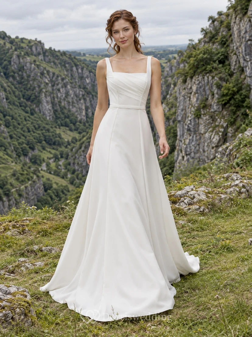 Vestido de novia sencillo sin mangas, de corte A y escote cuadrado con cola.